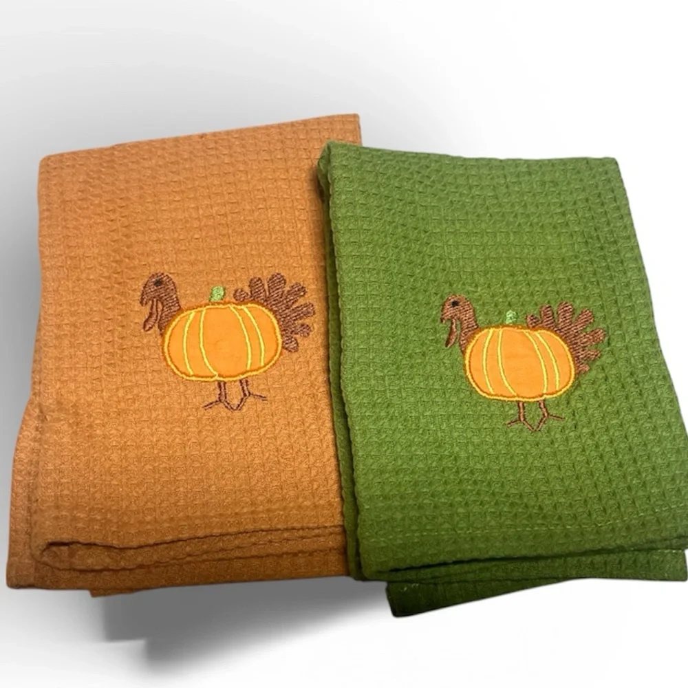Crate&Barrel Orange and Green Turkey Kitchen Towels